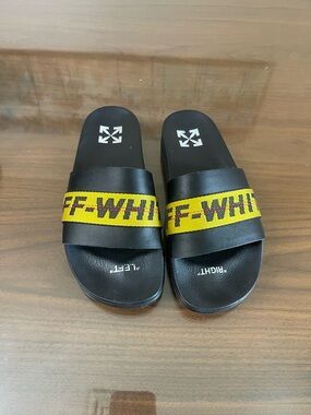 Off-White Black Slides with Yellow Branded Strap